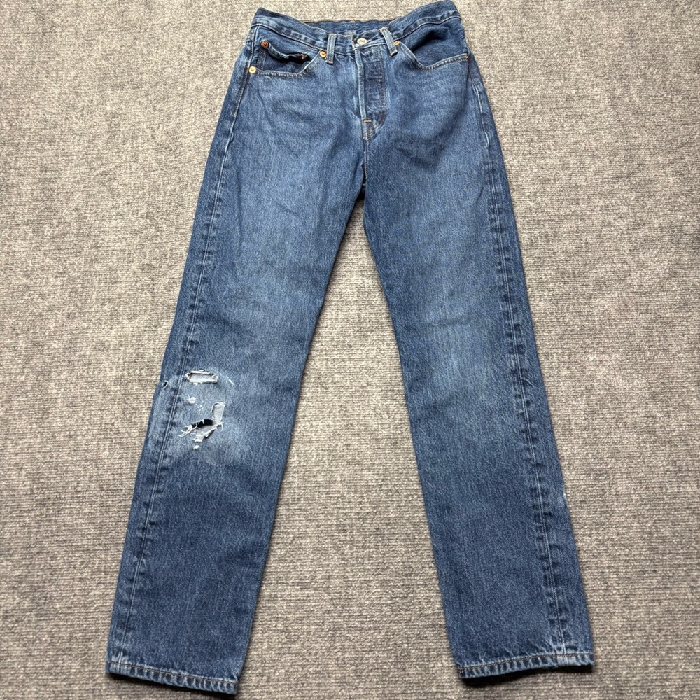 Levis Premium 501 Jeans Womens 26x30 Blue Straight Button Fly Big E Distressed